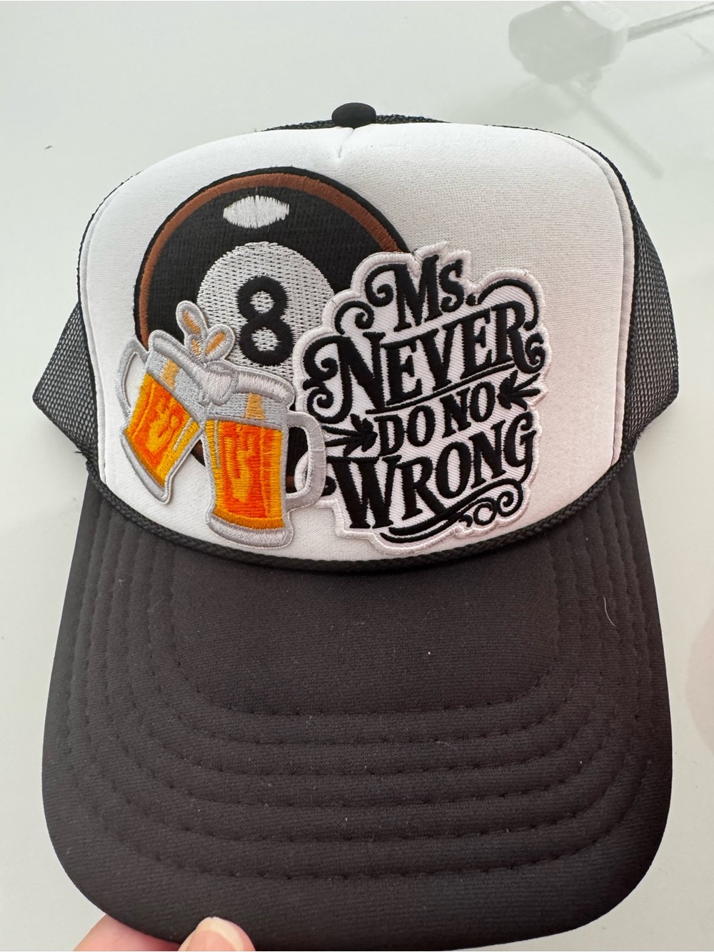 Ms Never Do No Wrong Black & White Trucker Hat with Beer Patch